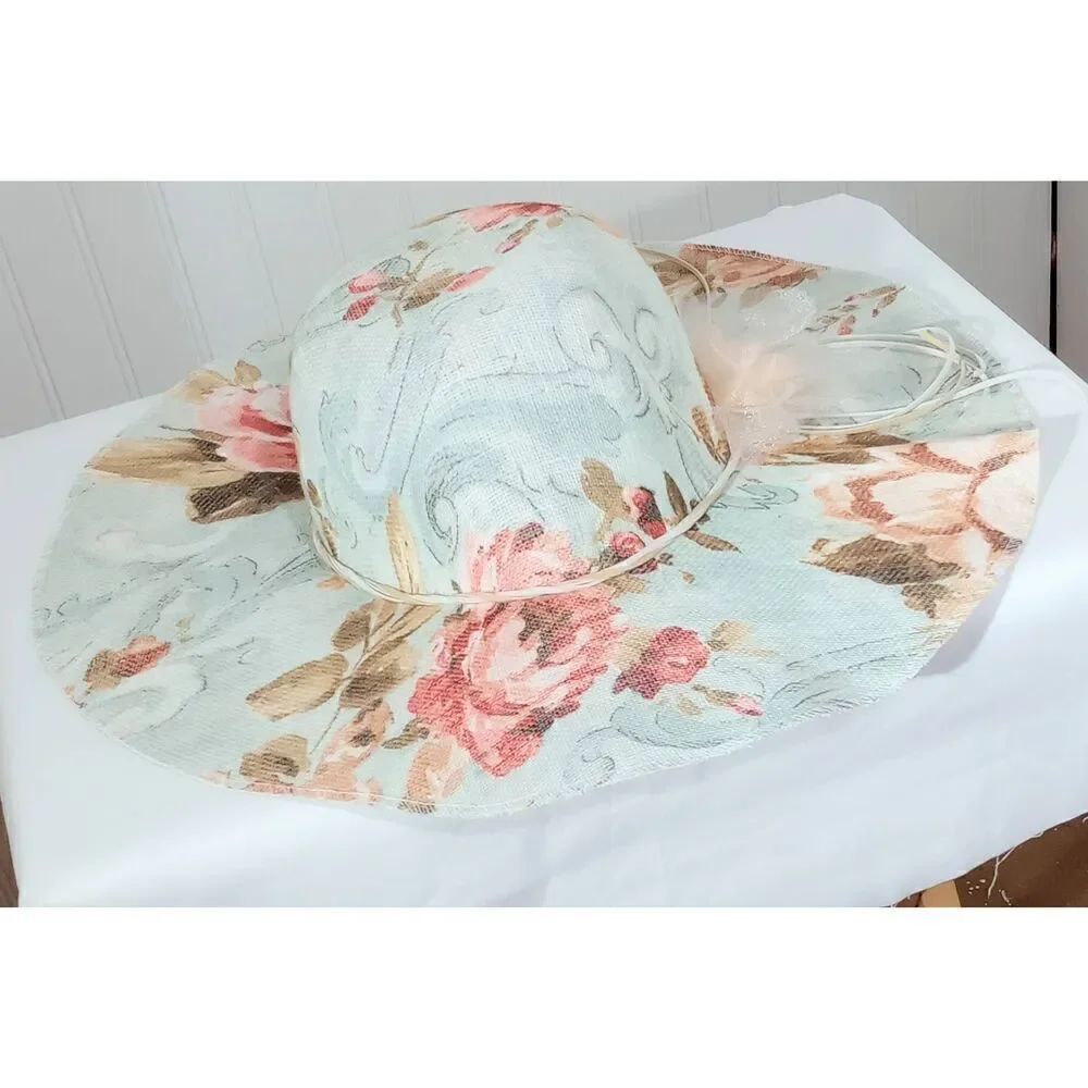 Light blue floral, beach, Sun hat. Floppy brim
